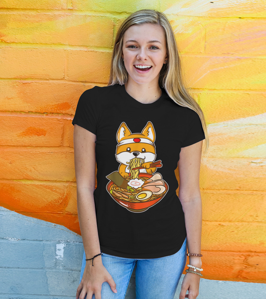 Kawaii Japanese Anime Shiba Inu Enjoying Ramen Bowl T-Shirt