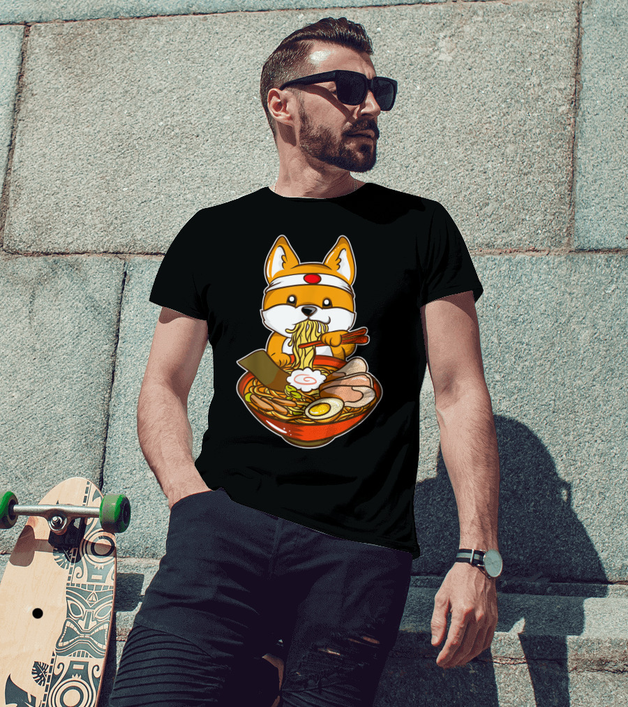 Kawaii Japanese Anime Shiba Inu Enjoying Ramen Bowl T-Shirt
