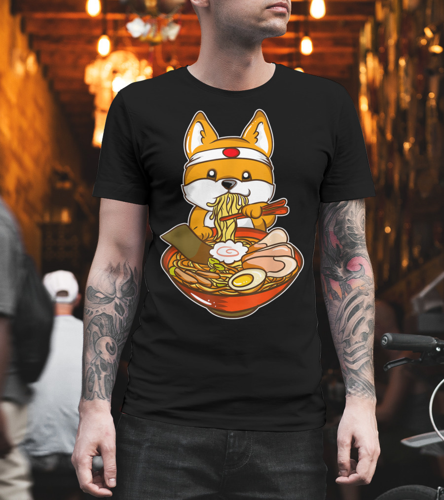 Kawaii Japanese Anime Shiba Inu Enjoying Ramen Bowl T-Shirt