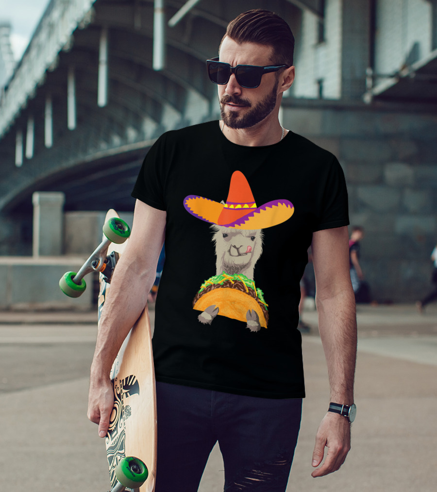 Llama Eating Taco With Sombrero Cool Mexican Alpaca T-Shirt