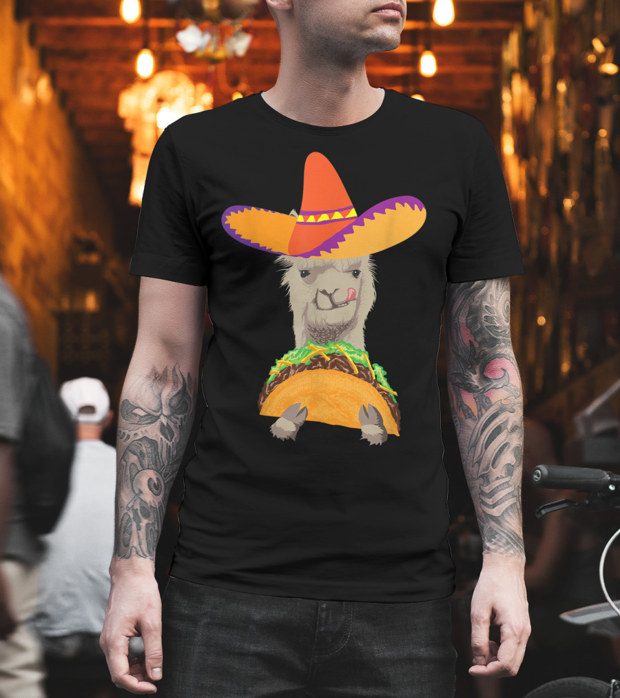 Llama Eating Taco with Sombrero Cool Mexican Alpaca T-Shirt