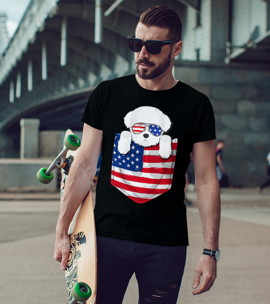Maltese Dog Peeking Pocket American Flag Sunglasses T-Shirt