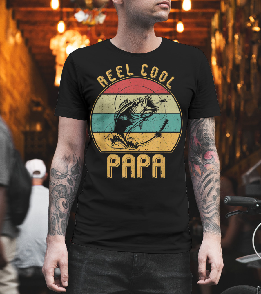 Reel Cool Papa Fishing Father's Day Retro Striped T-Shirt