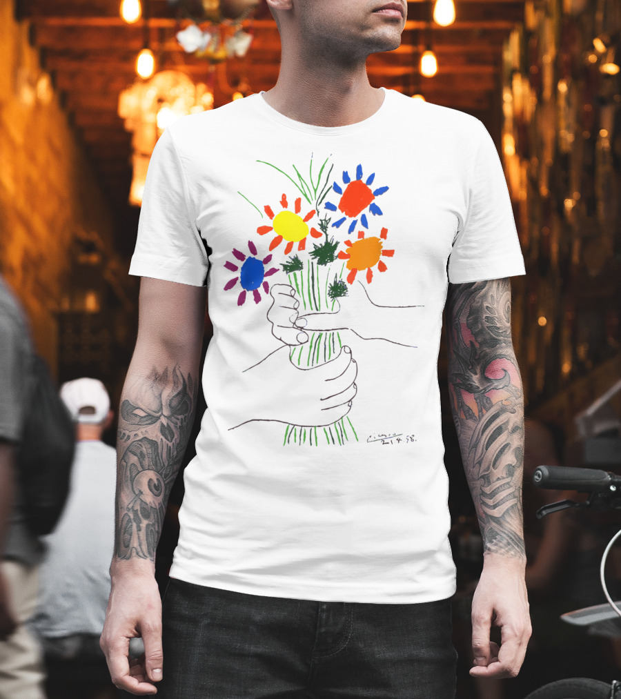 Pablo Picasso Colorful Bouquet with Hands of Peace Signature 1958 T-Shirt