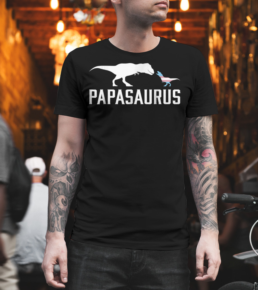 Papasaurus Transgender Flag T-Rex and Baby Dinosaurs T-Shirt