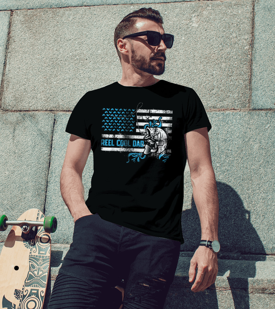 Reel Cool Dad Father's Day Fishing Funny Fisherman With American Flag And Cartoon Fish T-Shirt