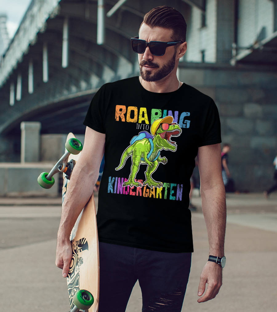 Roaring Into Kindergarten Dinosaur Rex With Backpack And Sunglasses T-Shirt