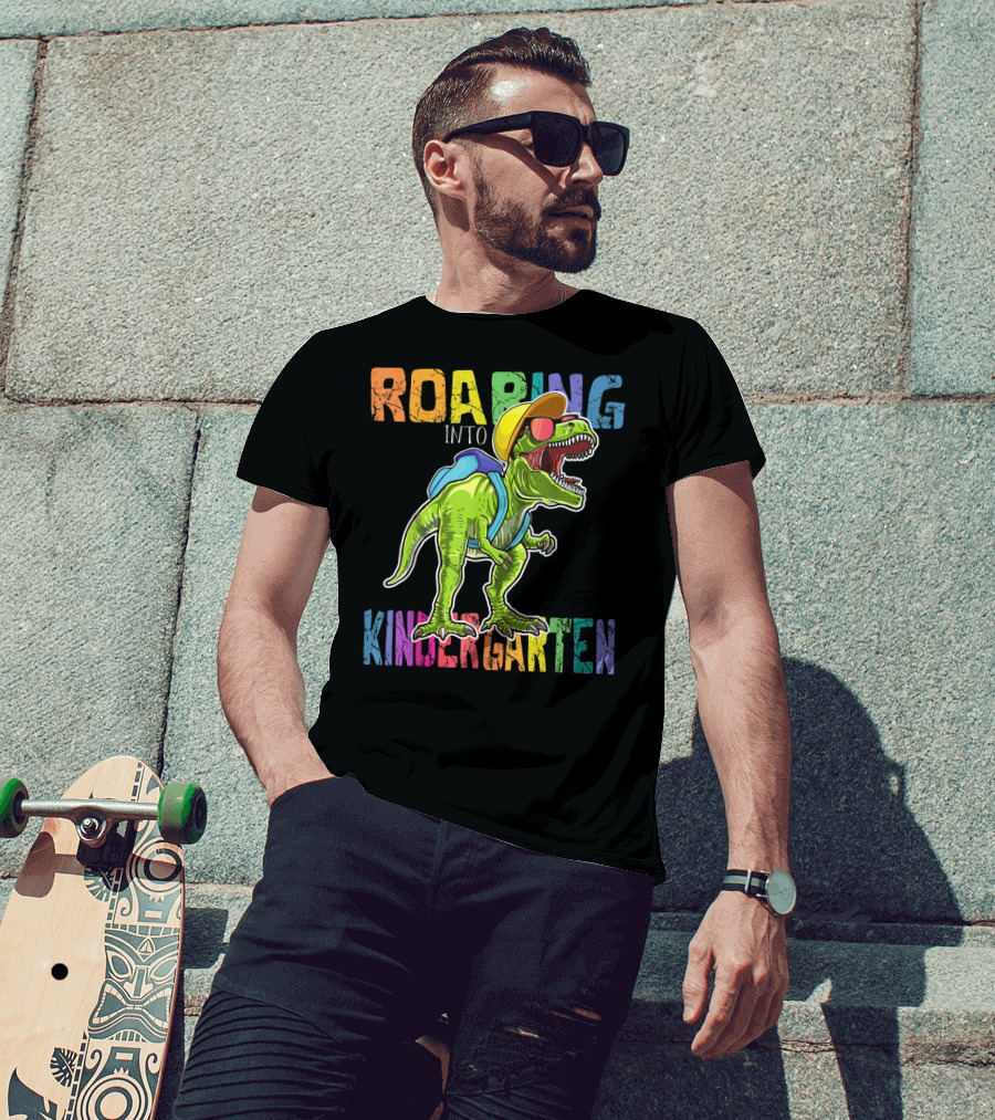 Roaring Into Kindergarten Dinosaur Rex With Backpack And Sunglasses T-Shirt