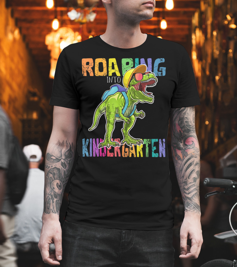 Roaring Into Kindergarten Dinosaur Rex with Backpack and Sunglasses T-Shirt