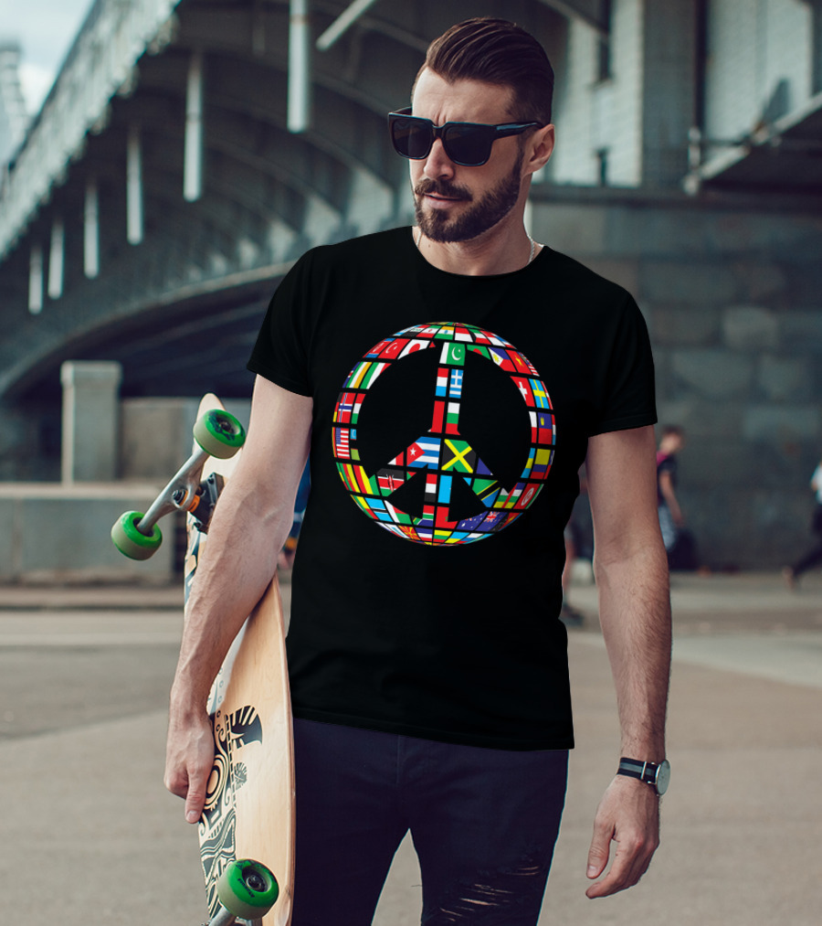 Global Peace Symbol With International Flags Multicultural Unity T-Shirt