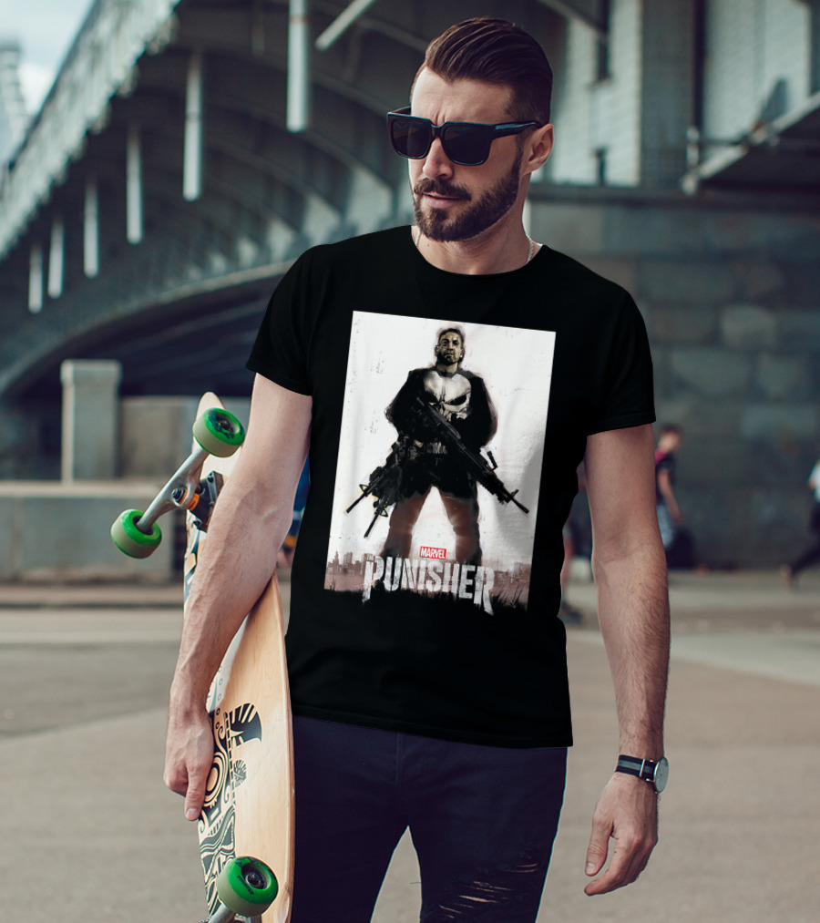 Marvel The Punisher Frank Castle One Man Army Standing With Weapons And Skull Emblem T-Shirt