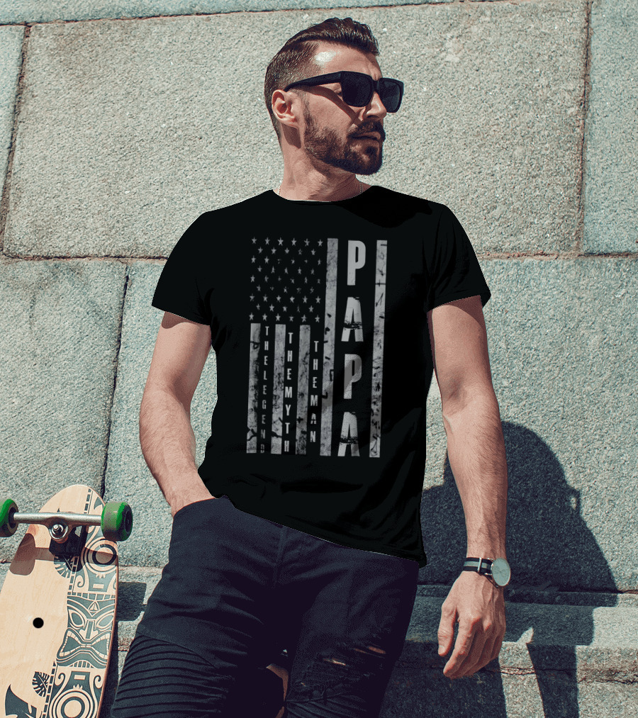 Mens Papa The Man The Myth The Legend American Flag T-Shirt