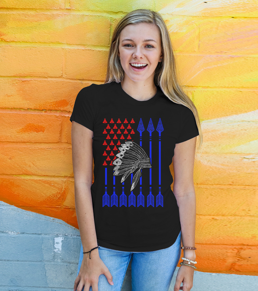Native American Day Headdress Red Teepees Blue Arrows Flag T-Shirt