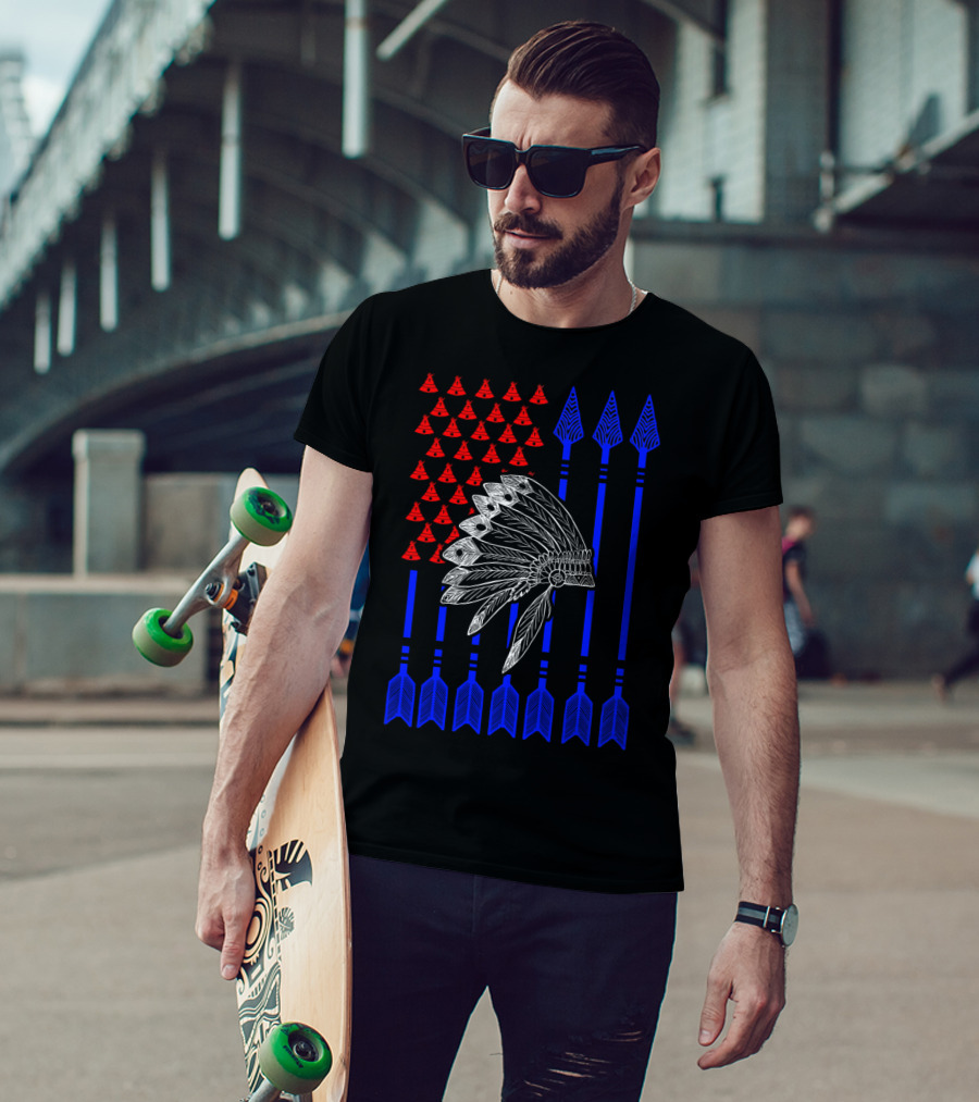 Native American Day Headdress Red Teepees Blue Arrows Flag T-Shirt