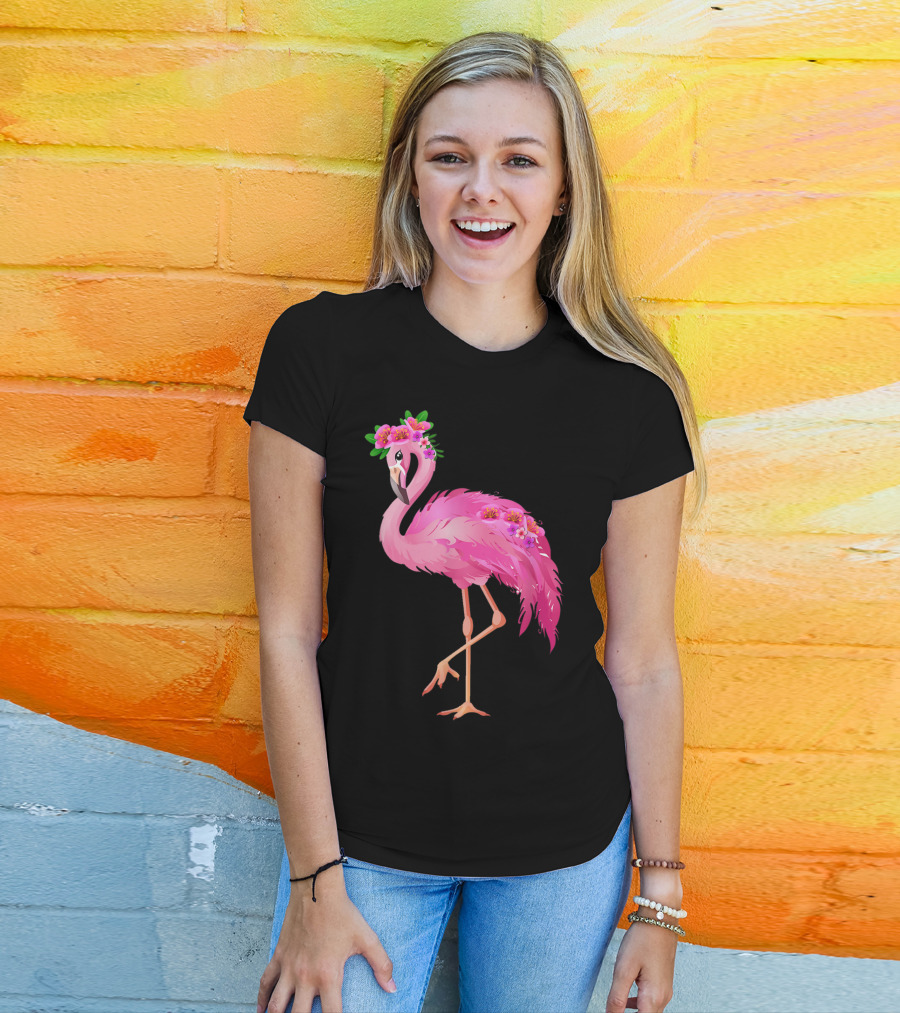 Pink Flamingo With Watercolor Hawaiian Flower Crown And Feathers T-Shirt