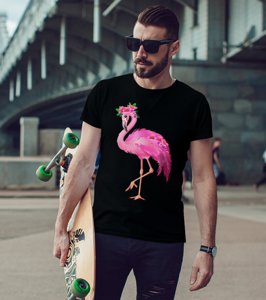 Pink Flamingo With Watercolor Hawaiian Flower Crown And Feathers T-Shirt