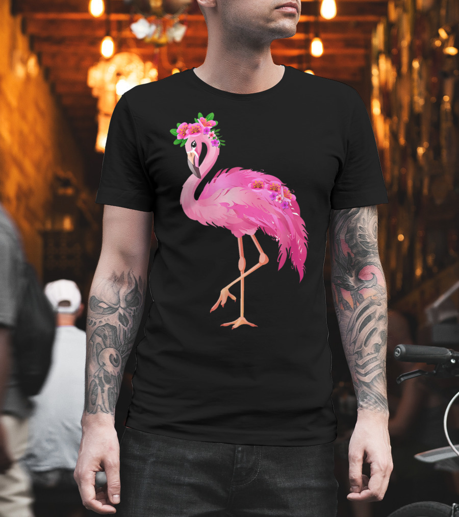 Pink Flamingo with Watercolor Hawaiian Flower Crown and Feathers T-Shirt