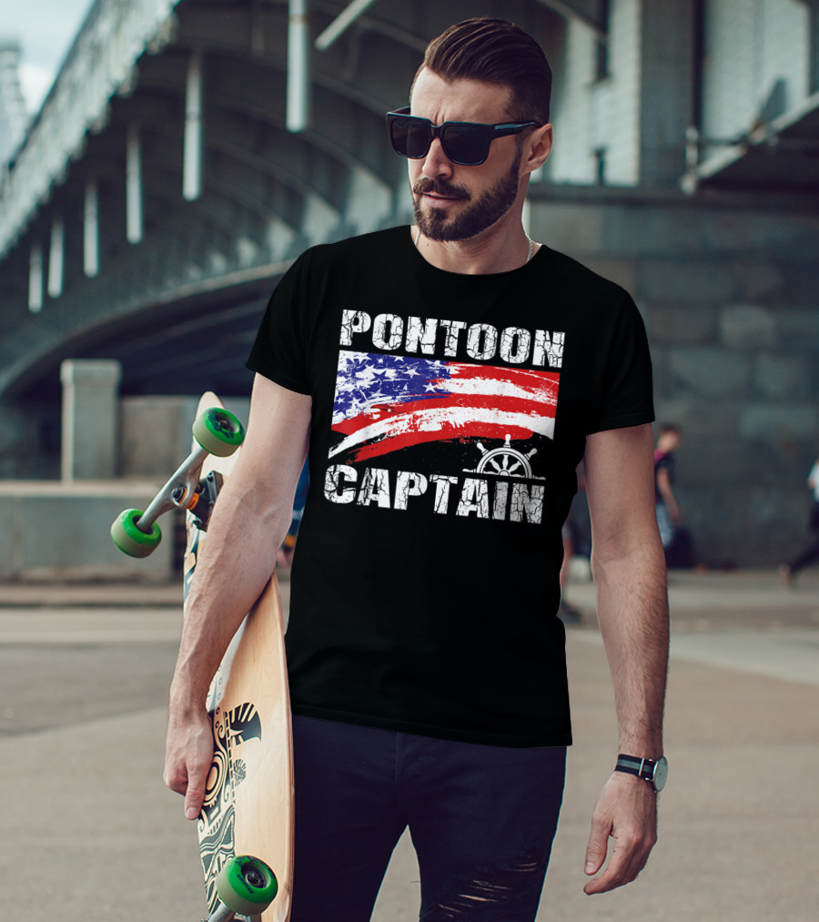 Pontoon Captain American Flag Steering Wheel Dad Boating T-Shirt