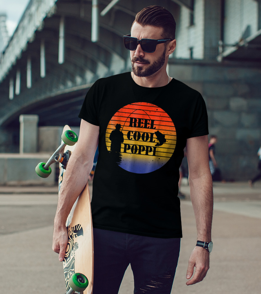 Reel Cool Poppi Silhouette Fishing Vintage Sunset T-Shirt