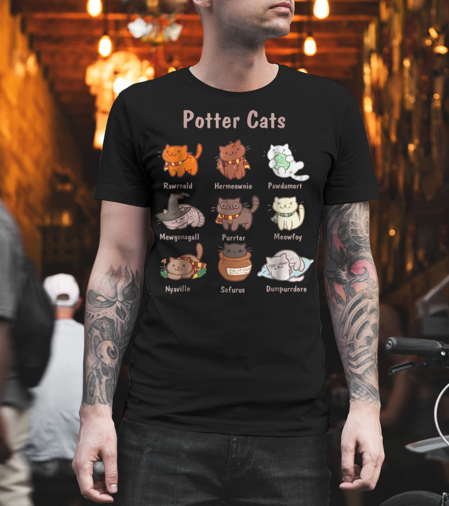 Potter Cats Rawrnald Hermeownie Pawdamort Mewgonagall Purrter Meowfoy Nyaville Sefurus Dumpurrdore Funny Cat Lovers T-Shirt