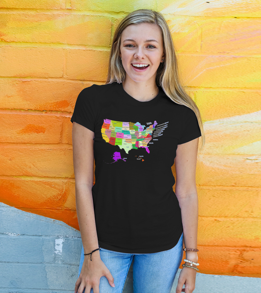 USA Map Displaying States And Capital Cities In Vibrant Colors T-Shirt