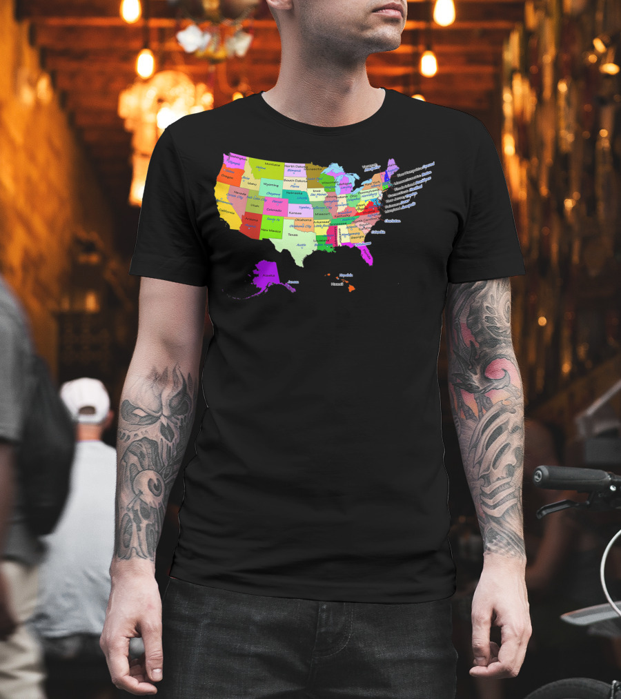 USA Map Displaying States And Capital Cities In Vibrant Colors T-Shirt