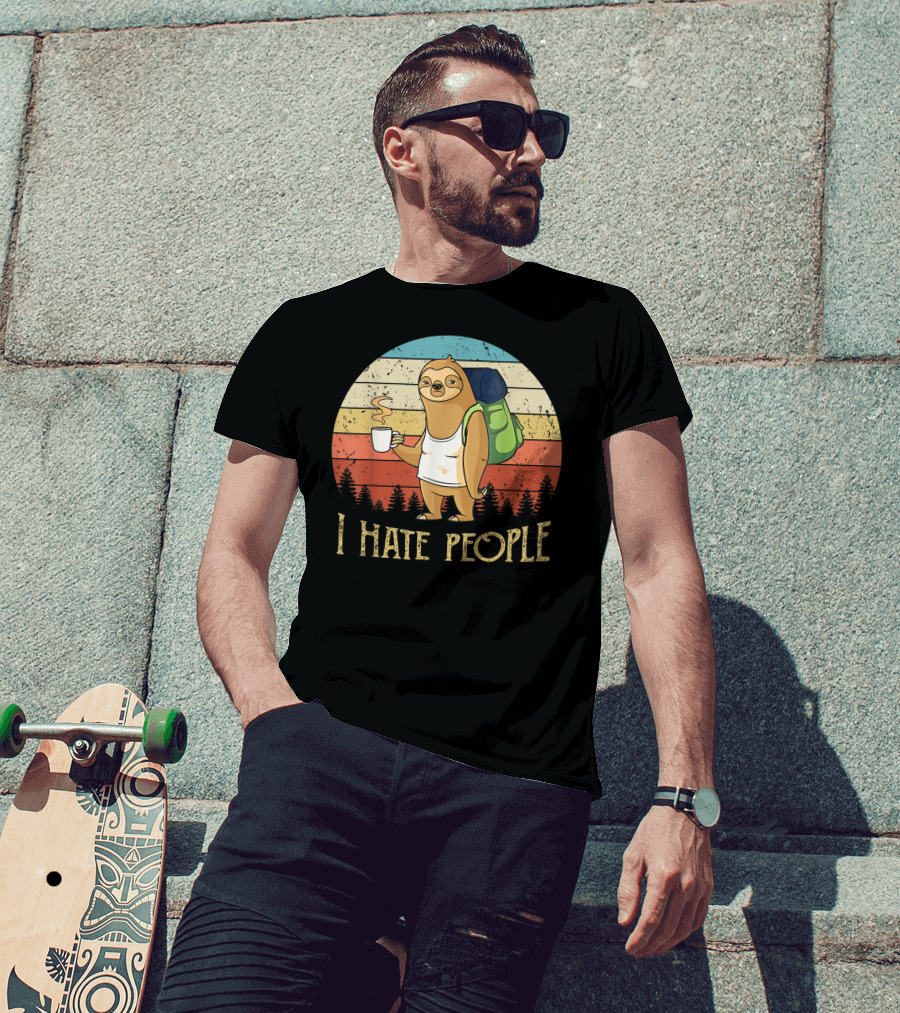 Vintage I Hate People Sloth Camping With Coffee And Backpack Retro Sunset Stripes T-Shirt