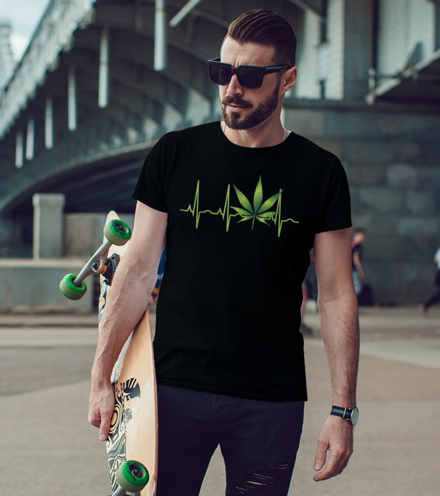 Weed Marijuana Leaf Heartbeat EKG Line T-Shirt