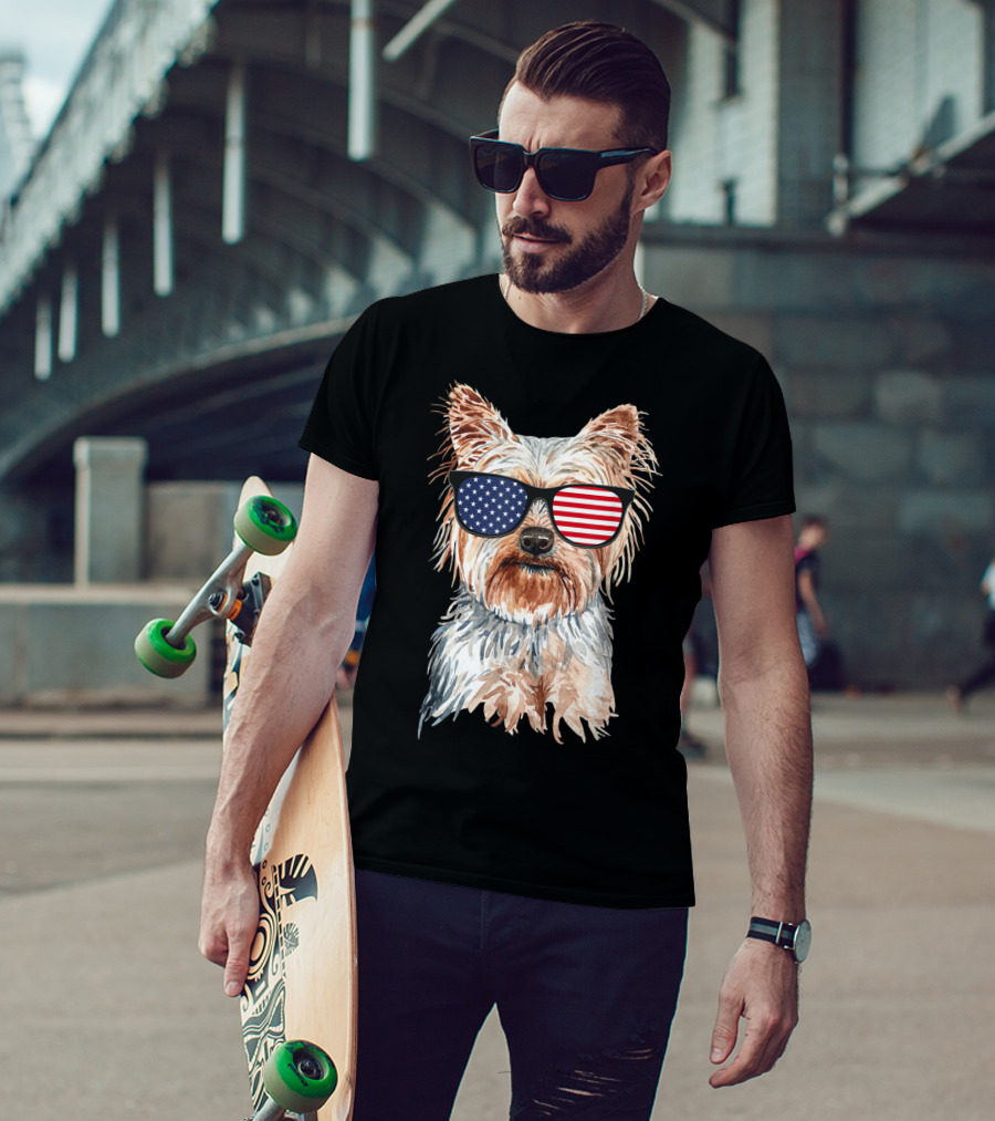 Yorkie Dog With American Flag Sunglasses Patriotic T-Shirt
