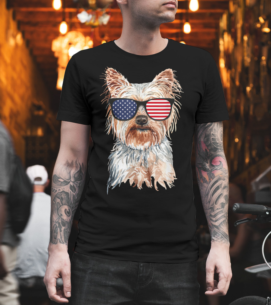 Yorkie Dog with American Flag Sunglasses Patriotic T-Shirt