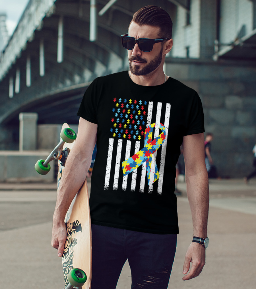 American Flag Jigsaw Puzzle Ribbon Autism Awareness T-Shirt