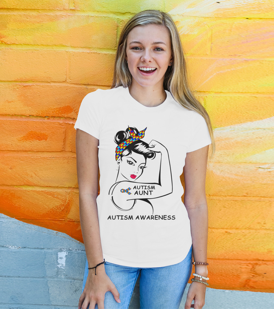 Autism Aunt Awareness Strong Puzzle Ribbon Rosie T-Shirt