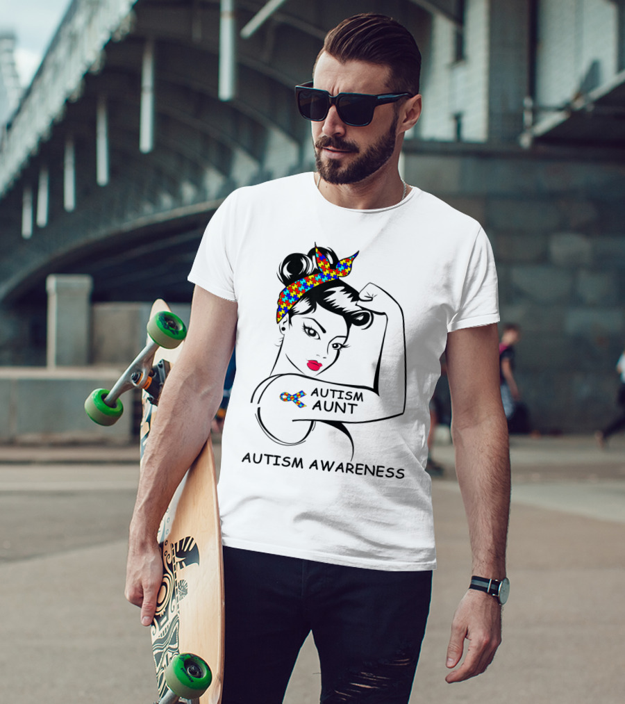 Autism Aunt Awareness Strong Puzzle Ribbon Rosie T-Shirt