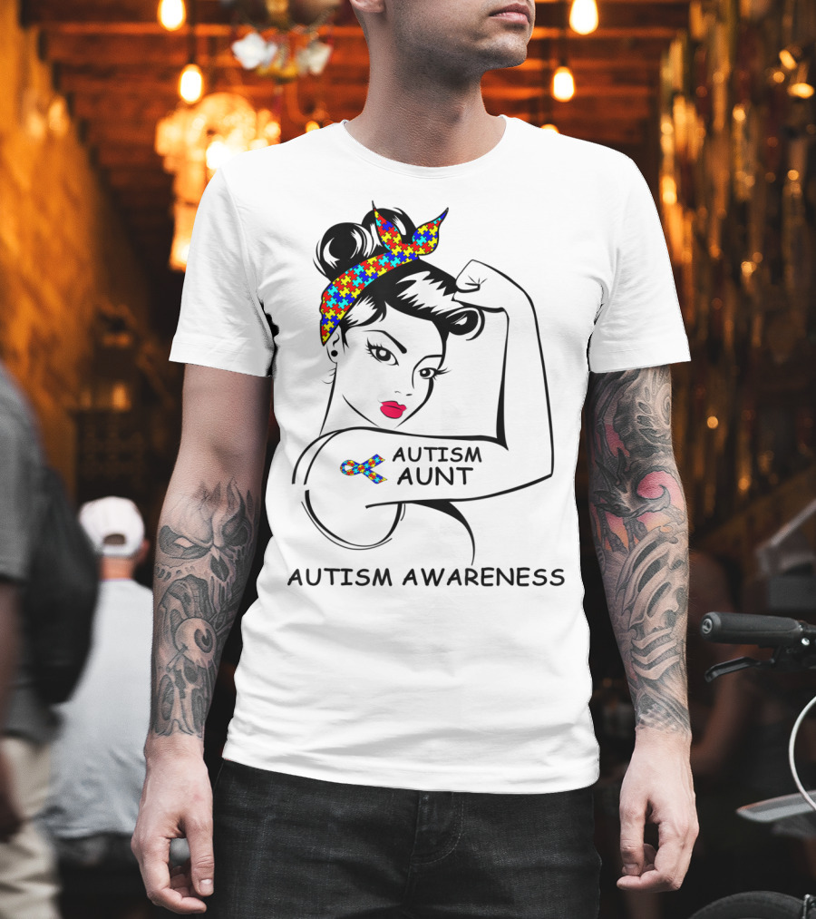 Autism Aunt Awareness Strong Puzzle Ribbon Rosie T-Shirt