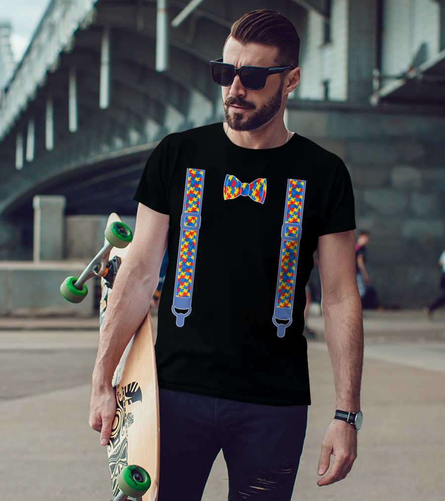 Autism Awareness Puzzle Piece Bow Tie And Suspenders T-Shirt