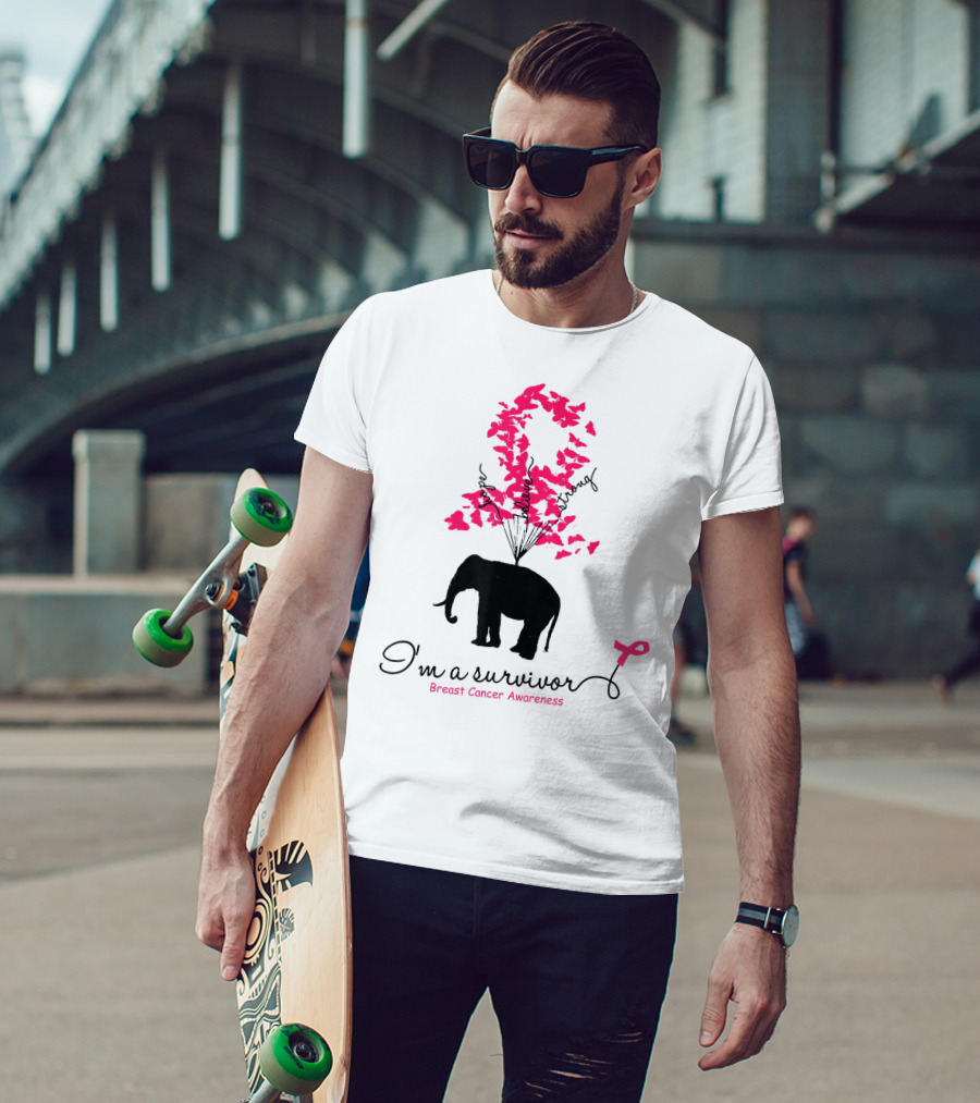 I'm A Survivor Breast Cancer Awareness Pink Ribbon Butterfly Elephant T-Shirt