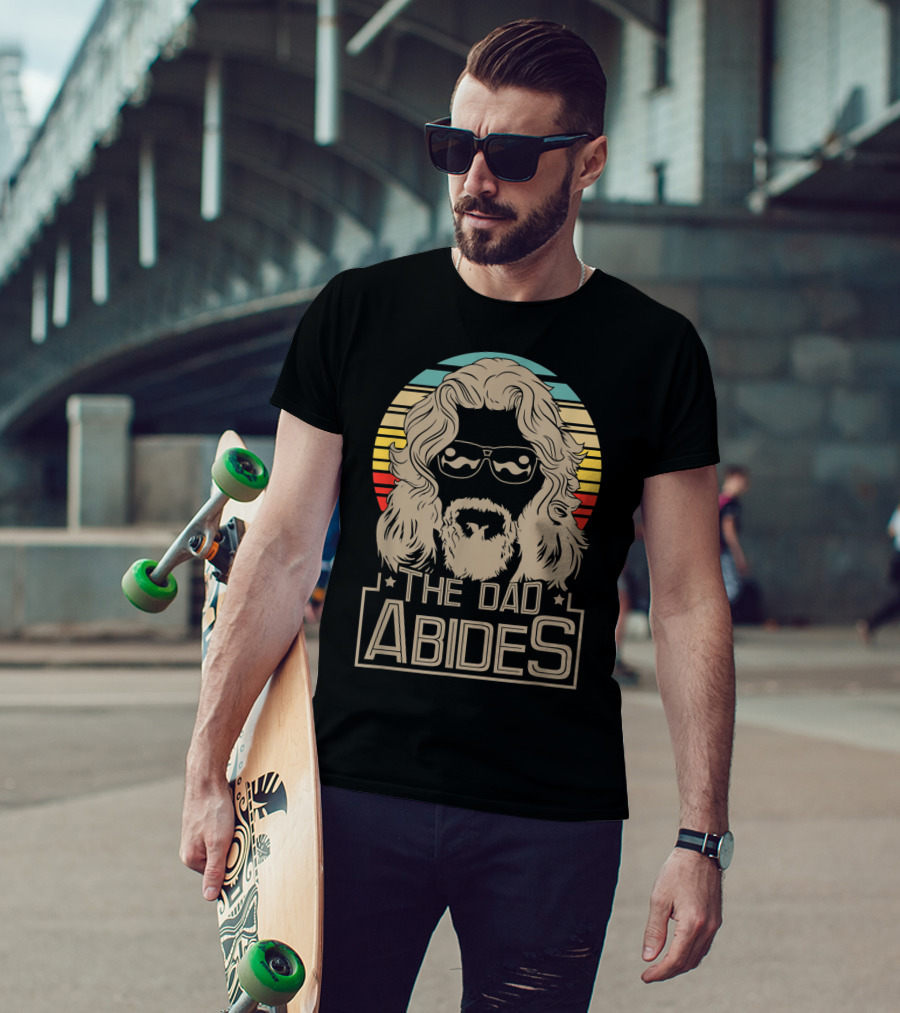 Mens The Dad Abides Retro Style Rainbow Circle Sunglasses And Long Hair T-Shirt
