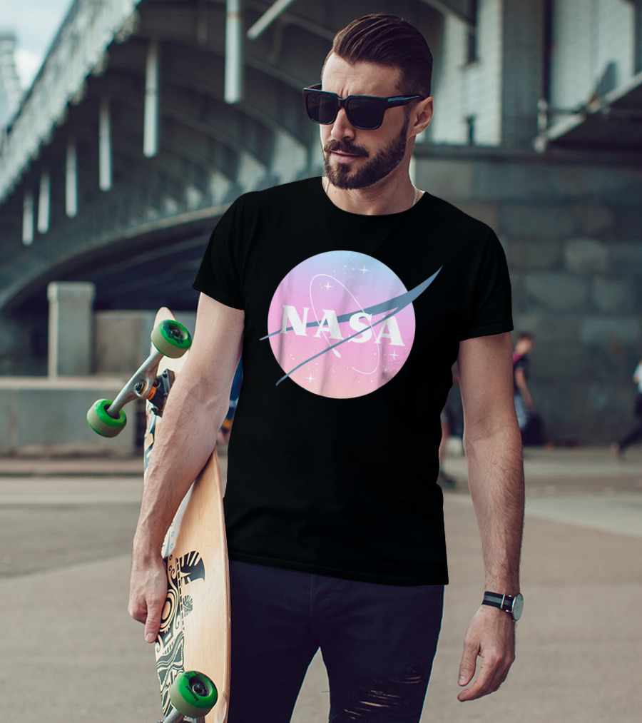 NASA Pastel Rainbow Classic Logo Pink And Blue Ombre Circle With Stars T-Shirt