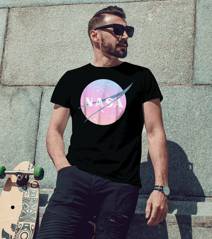 NASA Pastel Rainbow Classic Logo Pink And Blue Ombre Circle With Stars T-Shirt