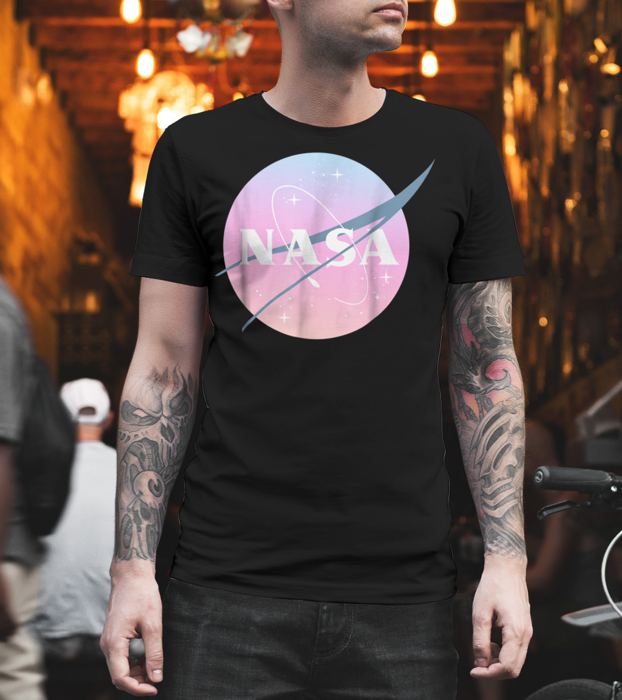 NASA Pastel Rainbow Classic Logo Pink And Blue Ombre Circle With Stars T-Shirt