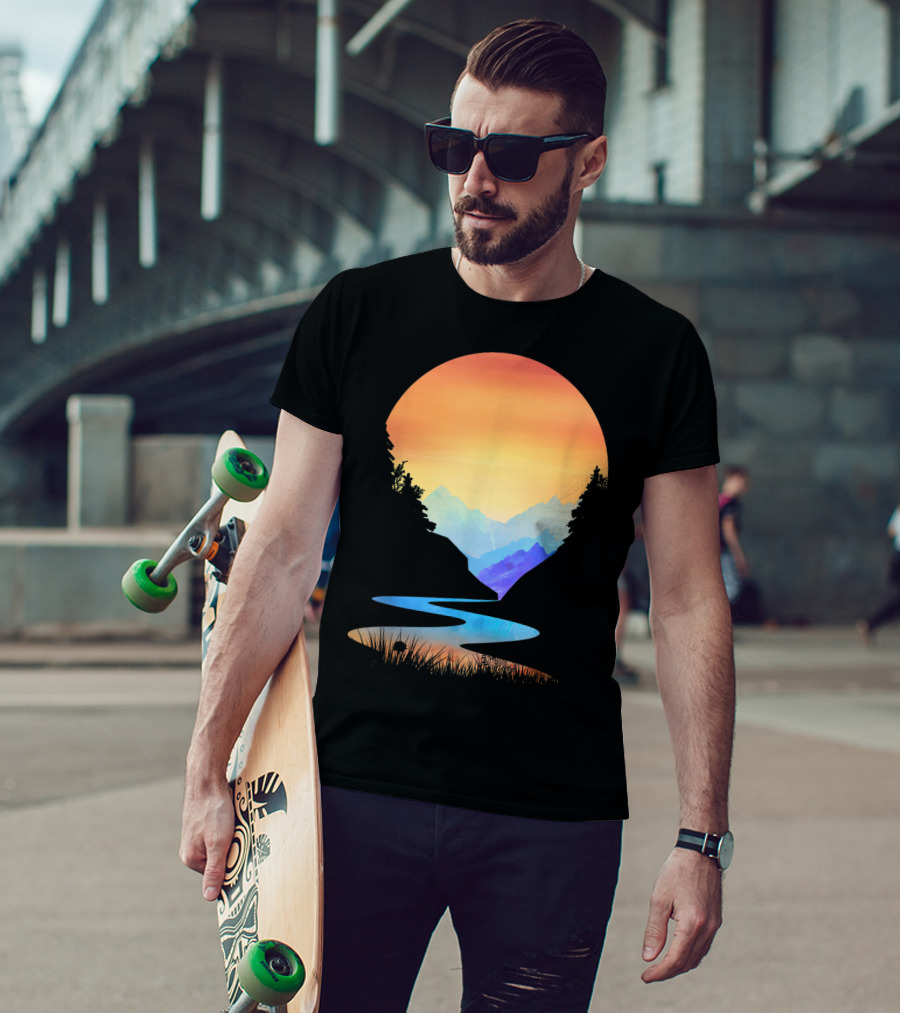 Outdoor Sunset Vintage Style Mountains Sun Nature River Landscape T-Shirt