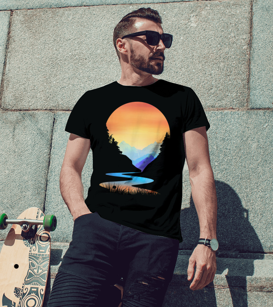 Outdoor Sunset Vintage Style Mountains Sun Nature River Landscape T-Shirt
