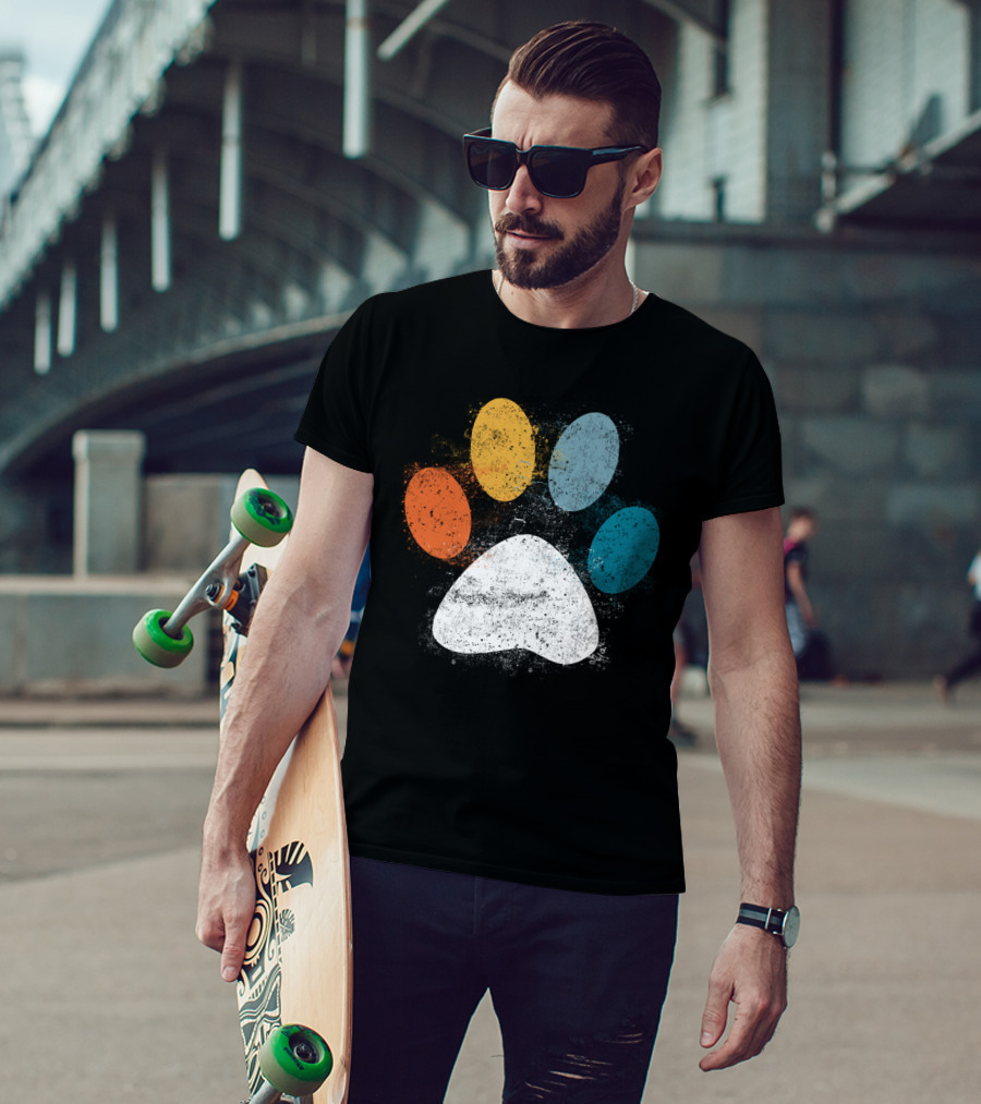 Vintage Distressed Multi-Color Dog Paw Print Love T-Shirt