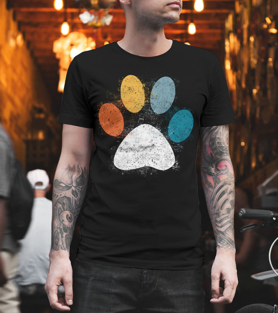Vintage Distressed Multi-Color Dog Paw Print Love T-Shirt