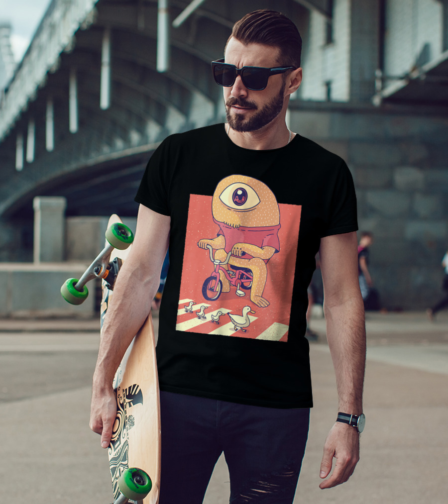 Vintage Japanese Cyclops Riding Bicycle With Ducklings Crossing T-Shirt