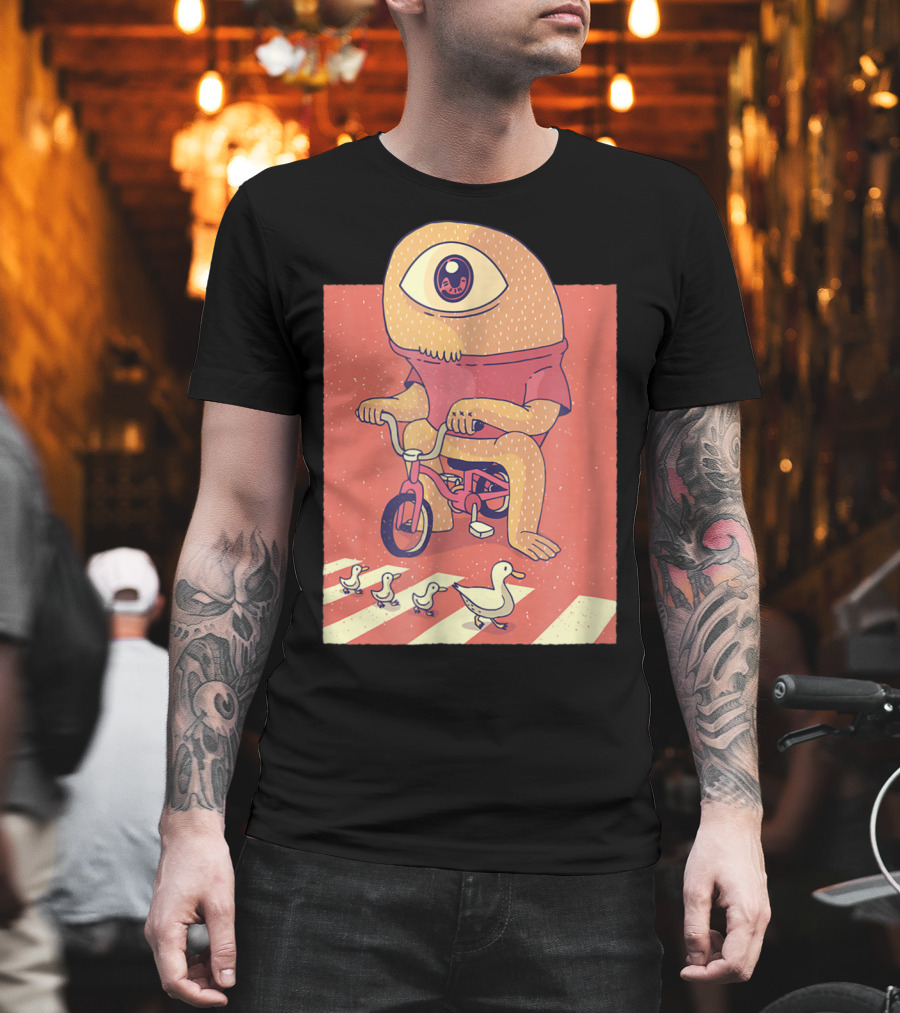 Vintage Japanese Cyclops Riding Bicycle With Ducklings Crossing T-Shirt