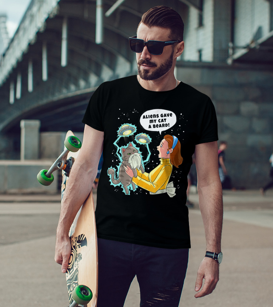 Aliens Gave My Cat A Beard UFO Encounter With Surprised Woman In Space T-Shirt