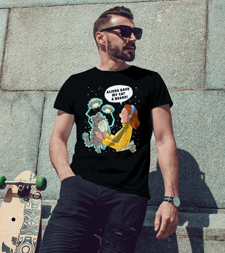 Aliens Gave My Cat A Beard UFO Encounter With Surprised Woman In Space T-Shirt