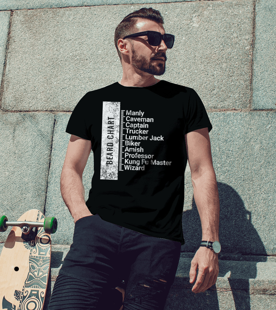 Beard Chart Manly Caveman Captain Trucker Lumberjack Biker Amish Professor Kung Fu Master Wizard T-Shirt