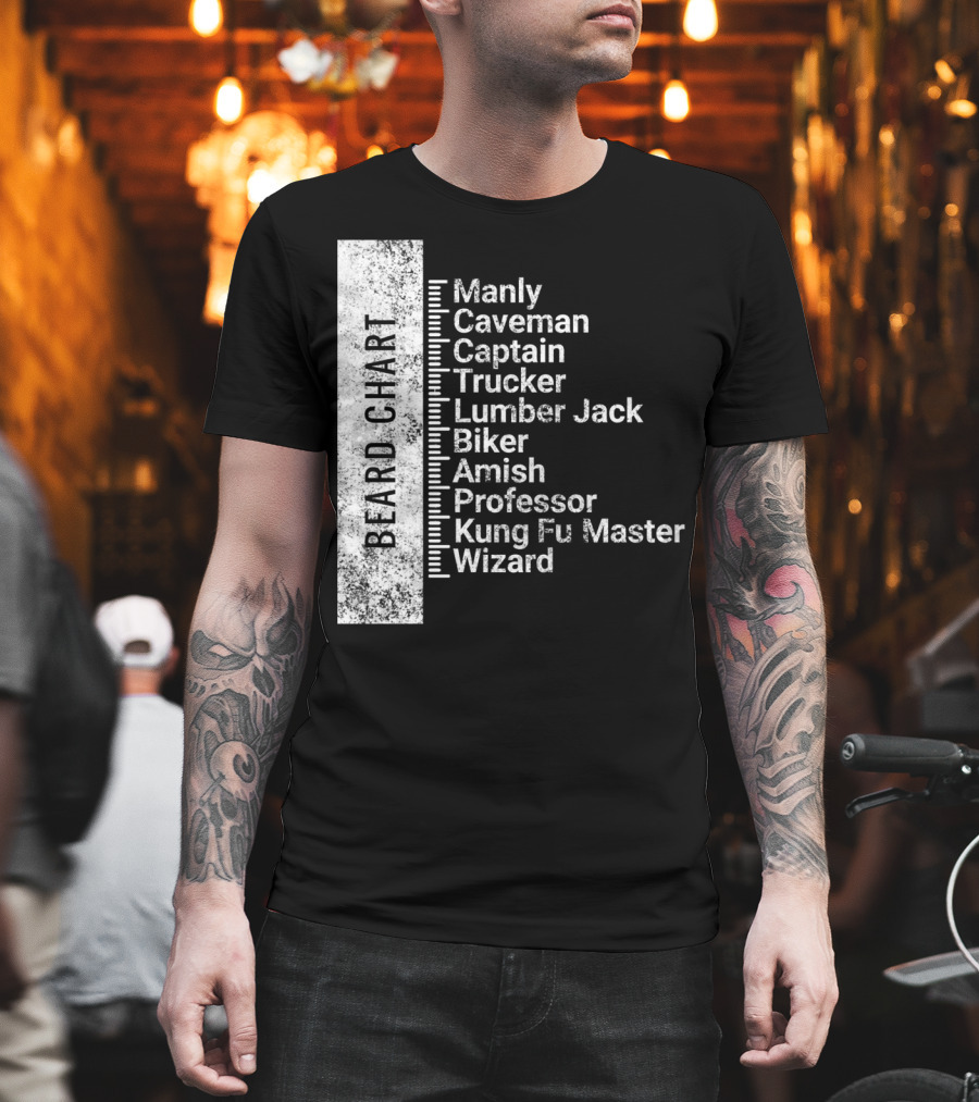 Beard Chart Manly Caveman Captain Trucker Lumberjack Biker Amish Professor Kung Fu Master Wizard T-Shirt